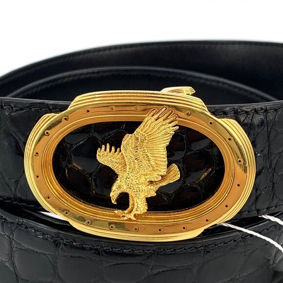Stefano Ricci Black Metal Eagle Head Crocodile Leather Belt